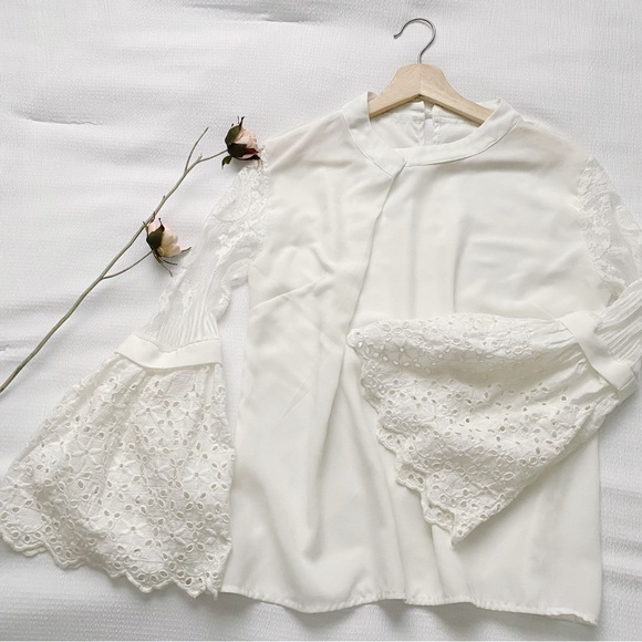 White Pleated Front Flared Eyelet Lace Sleeve Blouse - Picture 3 of 8